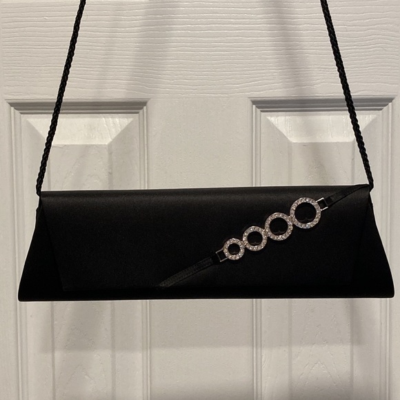 Black Satin Shoulder Evening Bag / Wristlet With Round Crystal Design - Picture 3 of 15